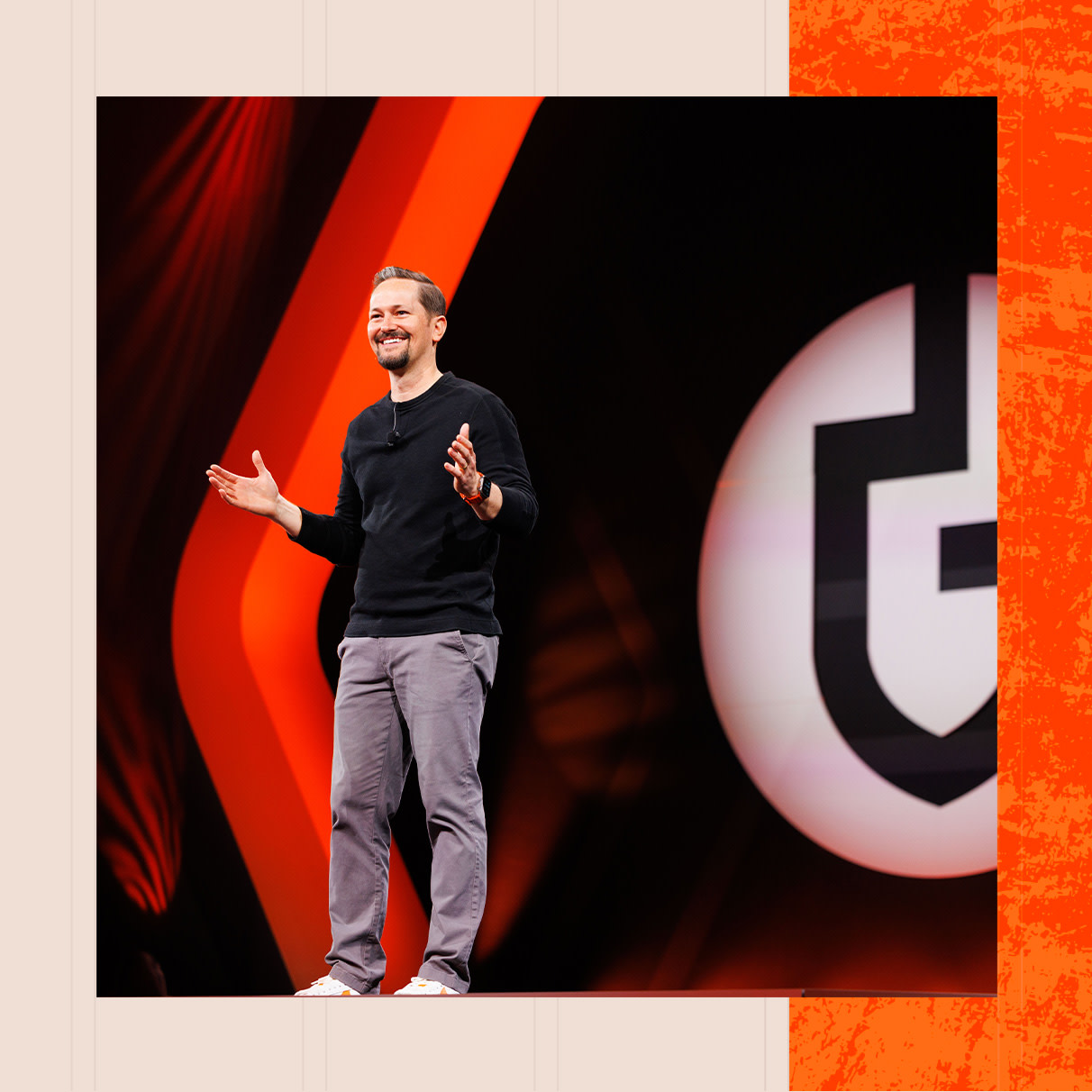 A man presenting at Groundbreak's stage