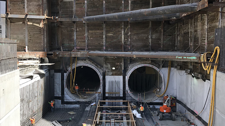 a construction site with several tunnels