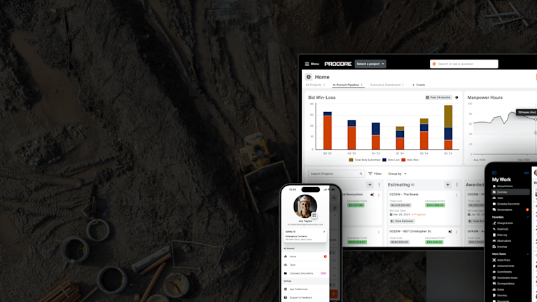 A desktop, laptop and a phone showing the Procore Platform