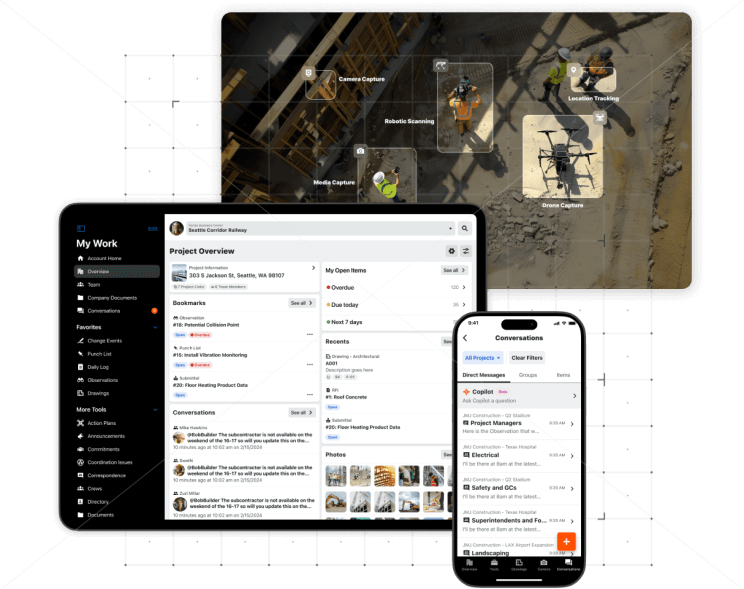 Construction project management software interface showing desktop and mobile views with drone imagery and site tracking features